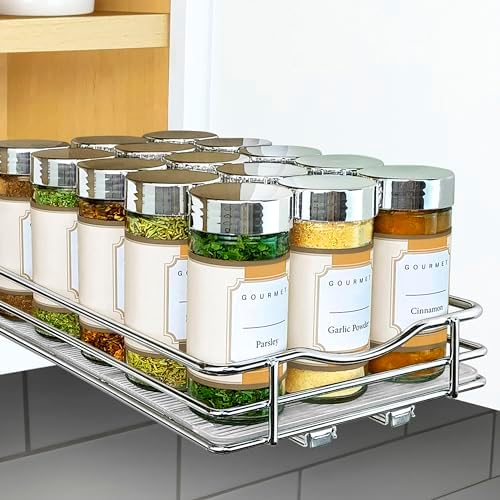 LYNK PROFESSIONAL® Pull Out Spice Organization for Cabinets - 6-3/8 inch Wide – Spice Rack for Inside Cabinets, Slide Out Spice Rack Organizer for cabinet – Pull Out Spice Rack, Sliding 1 Tier Chrome by LYNKPROFESSIONAL