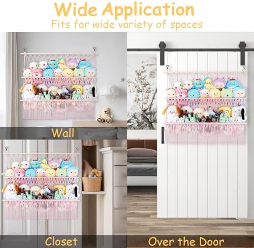 2 Tier Stuffed Animal Storage Shelf Net 35x30'' Large Stuffy Storage Pink - Image 5