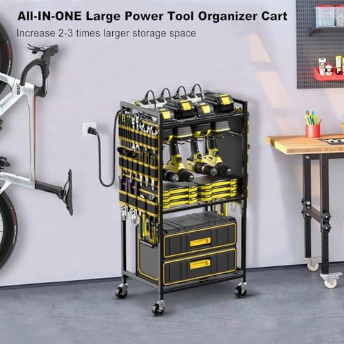 JUNNUJ Power Tool Organizer Cart with Charging Station, 6 FT Cord, Yellow - Image 6