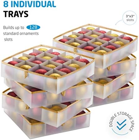 ZOBER Christmas Ornament Storage Box Plastic - Stores 128 3" Ornaments with Individual Trays - Ornament Organizer Storage Box, Durable Christmas Containers Holder - Gold - Image 4