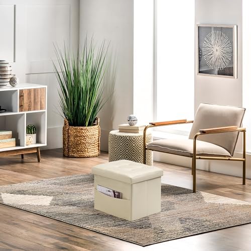 AmasSmile Ottoman with Storage,16" Folding Leather Foot Rest Chest,Beige - Image 4