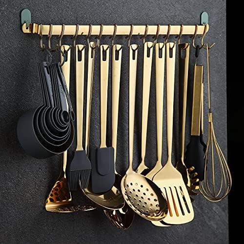 Kyraton Kitchen Utensil Rack, Kitchen Rack With Gold Titanium Plating,Rail Rack Organizer for Hanging Knives,Wall Mounted Gourmet Kitchen Rail with 14 Hooks - Image 4