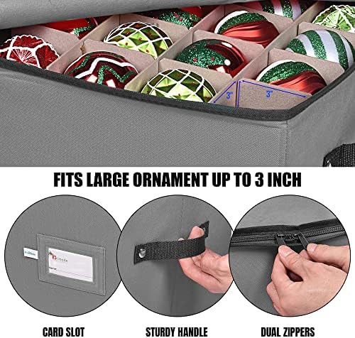 Christmas Ornament Storage Box, 4 Individual Trays Xmas Storage Container, Fits 64 Ornaments Decoration Balls, Constructed of Durable 600D Oxford Material (Gray) - Image 5