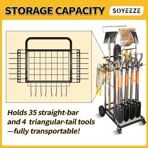 SOYEEZE Garden Tool Organizer with Large Wheels, Heavy Duty 3-Tier Yard Tower Tool Rack for Garage, Holds Up to 35 Long-Handled Tools, Garden Tool Cart with 12 Hooks for Tool Organization Storage - Image 5