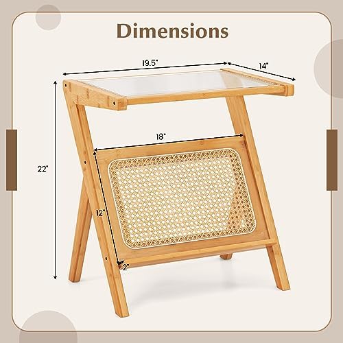 GIANTEX Rattan Side Table, Boho Nightstand with Glass Top & Magazine Rack, End Table with Storage, Bamboo Bedside Table for Small Space Living Room Bedroom (Natural,1) - Image 2