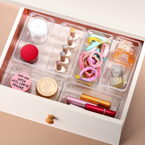 6Pcs Clear Plastic Drawer Organizers Tray 6" x 3" Storage Bins with 25Pcs Non-slip Pads for Makeup, Jewelries, Kitchen Utensils, Bathroom and Office - Image 3