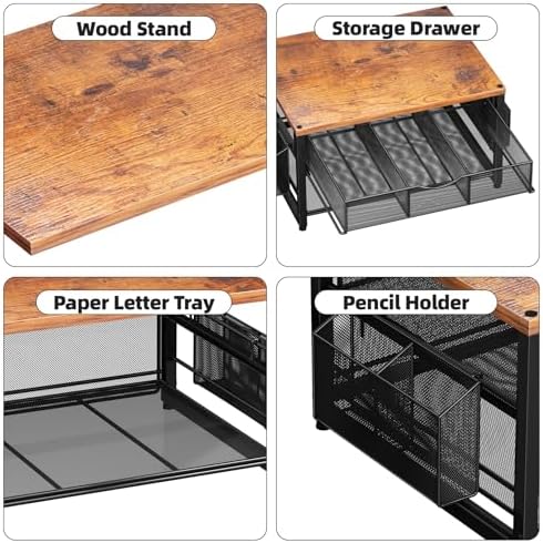Marbrasse Wood Printer Stand for Desk, 2-Tier Desktop Printer Table for Home Office, Printer Stand with Storage Drawer 2 Pen Holders, Multi-Purpose Desk Organizer for Fax Machine Scanner(Wood Brown) - Image 3