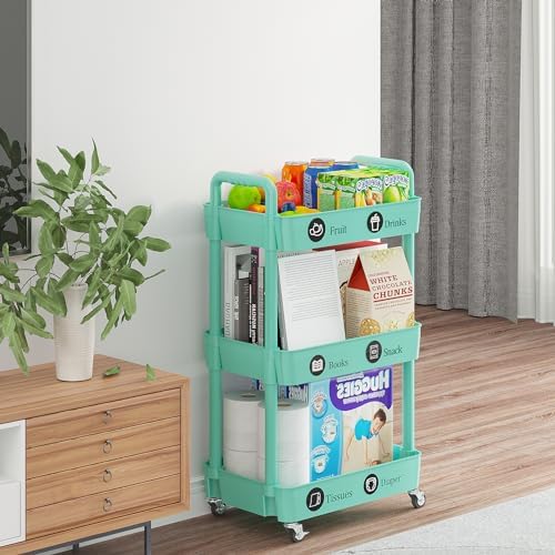 3 Tier Rolling Cart with Wheels, Utility Storage Carts,Green - Image 3