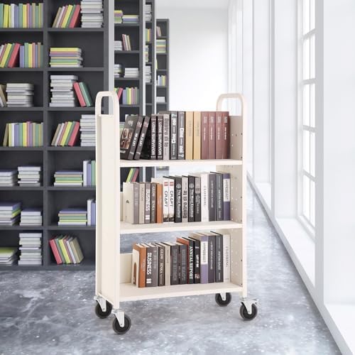 VEVOR Book Cart, 330 lbs Library Cart, 31.1" x 15.2" x 49.2" Rolling Book Cart, Single Sided L-Shaped Flat Shelves with 4-Inch Lockable Wheels for Home Shelves Office and School, Book Truck in Cream - Image 2
