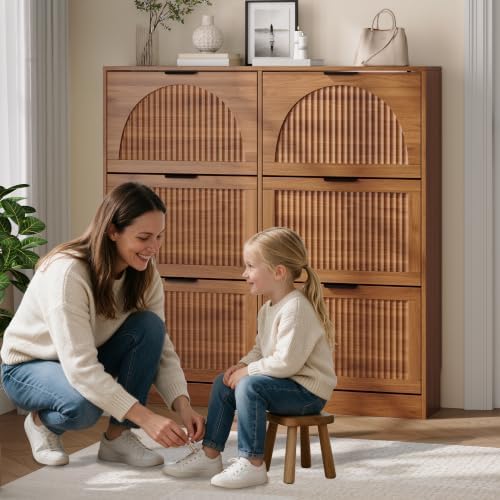 Fluted Shoe Storage Cabinet for Entryway, 6 Flip Drawers, Walnut - Image 6