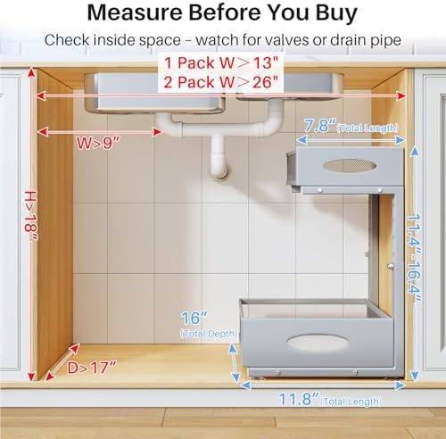 Under Sink Organizer, 2 Tier Pull Out Under Cabinet Organizer Shelf with Pad for Framed Cabinets, Metal Slide Out Under Sink Storage, Mesh Sliding Drawers for Kitchen Bathroom Laundry(Grey, 1 Pack) - Image 2