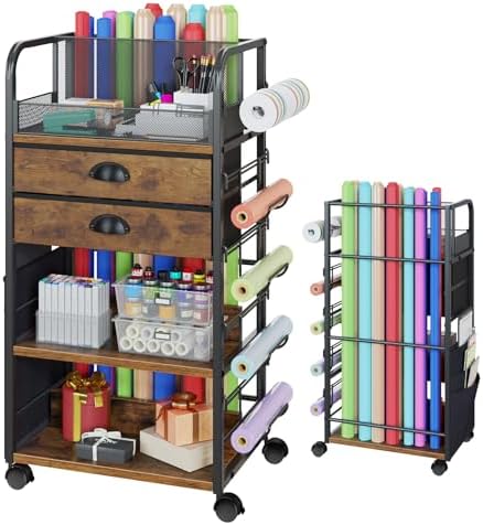 Wrapping Paper Storage Cart with 2 Fabric Drawers, Side Pockets and Hooks by KITIVIALA