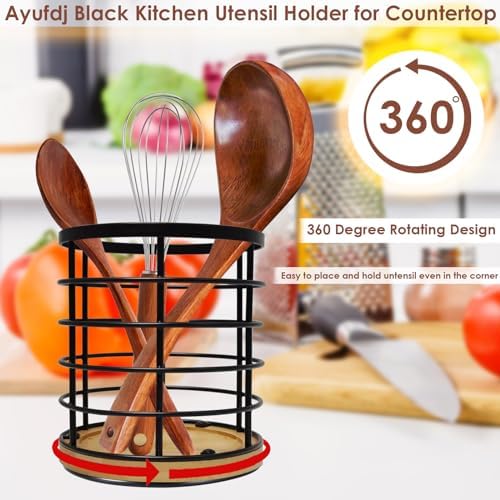 Black Kitchen Utensil Holder for Countertop, 360° Rotating Cooking Utensils Holder Caddy for Kitchen Counter-top, 5.2" x 6" Large Cylinder Spatula Holder Crock for Farmhouse Décor - Image 2