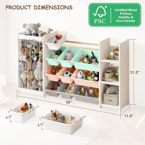 EXPERLAM 3-in-1 Toy Storage Organizer, White Solid Wood, Colorful Bins - Image 2