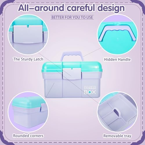 TERGOO 11in Mutipurpose Storage Box Organizer with Removable Tray, Portable Small Craft Organizer with Handle, Plastic Clear Tool Box Art Case for Makeup, Sewing, Nail, Hair Accessories (Purple Blue) - Image 3