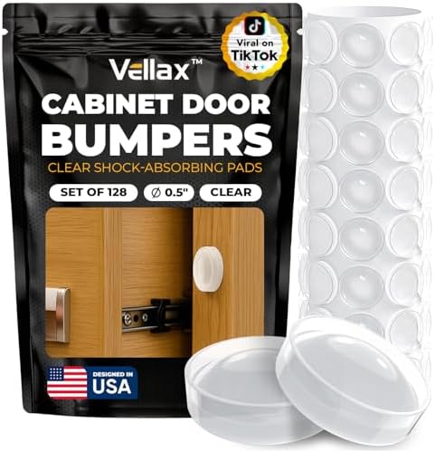 128 Clear Silicone Bumper Pads – Self-Adhesive Sound Dampening Stops with Flat Dome Shape Design for Cabinet Doors, Drawers, Cupboards, Glass Surfaces, Picture Frames – Vellax by Vellax
