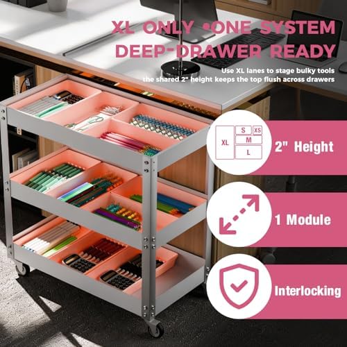 [6 PCS Extra-Large] Pink Drawer Organizer Trays with Non-Slip Pads, Interlocking Storage Bins for Vanity, Desk, Bathroom, Kitchen, Home Office and Utility Drawers - Image 7