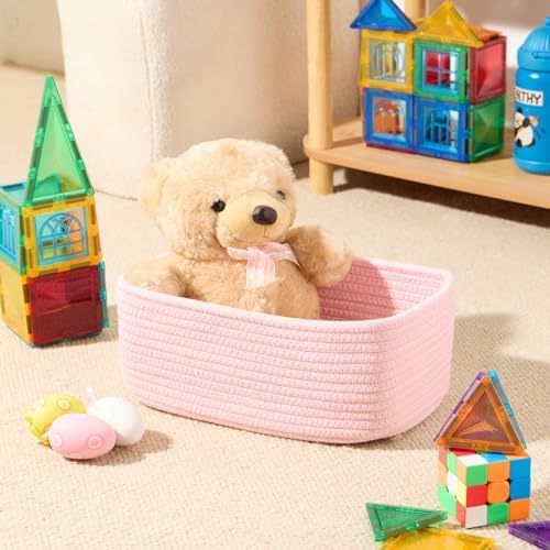 MiniArk Small Storage Baskets for Organizing | Closet Organizer Bins | Shelf Toy Basket | Woven Rope Baskets | Cube Decorative Box | Shallow Basket | 11.5x7.5x4.7” | 3 Packs Light Pink - Image 4