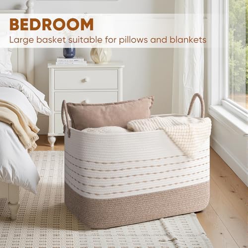 OIASKET XXL Large Blanket Basket for Living Room, 108L Woven Storage Baskets for Organizing, Rectangle Cotton Rope Basket Toy Chest With Handles--Brown & White - Image 6