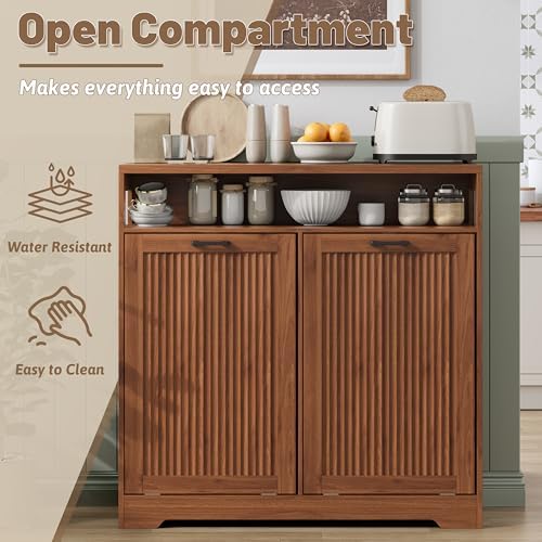 Pet-Proof Double 13 Gallon Tilt Out Trash Can Cabinet with Open Storage – Hide Garbage & Recycling Bins to Keep Your Kitchen Clean and Organized,Walnut - Image 5