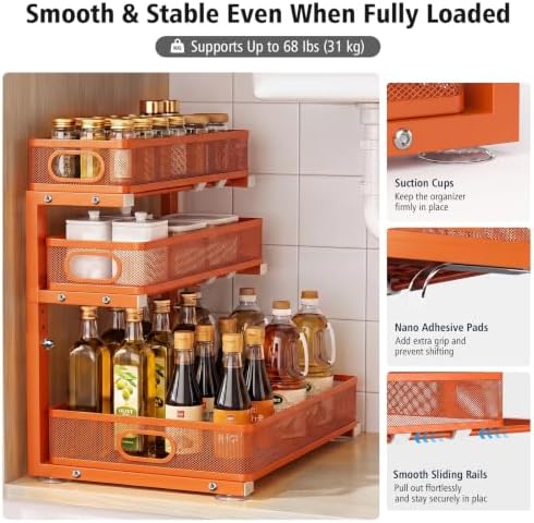 Under Sink Organizer, 3-Tier Metal Sliding Drawers, 2-Pack Orange - Image 6