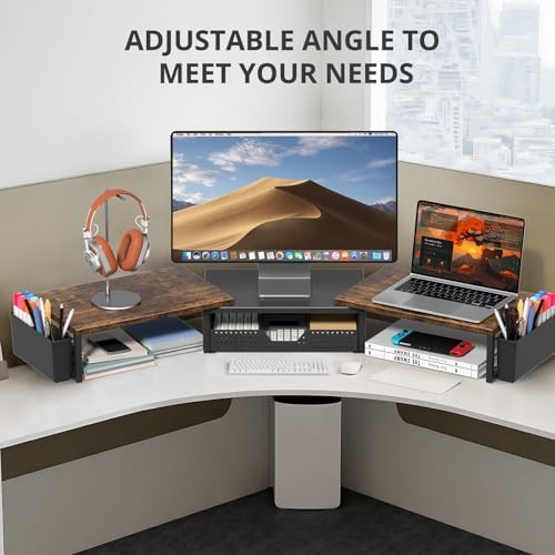 OPNICE Desk Organizers and Accessories, Dual Monitor Stand Riser with Drawer and 2 Pen Holders, Desk Shelf Computer Racks & Printer Stand for Office Workspace Organizers, Desktop Organization (Rustic Brown) - Image 4