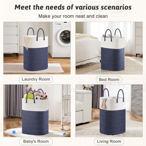 Laundry Basket,Woven Cotton Rope Laundry Hamper,Versatile Storage for Dirty Clothes,Baby Toys,and Blankets in Bathroom, Nursery,and Living Room (Blue, 60L) - Image 5