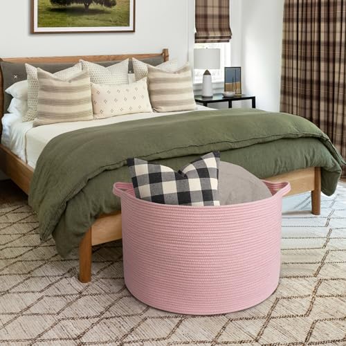 MEGASKET 115L Oversized Pink Basket, 23.6"x15.7" Woven Cotton Rope Bin with Handles, XXXL Blanket Storage for Living Room, Kids Toy Storage Bin Box, Baby Laundry Basket for Organizing, Pink Room Decor - Image 5