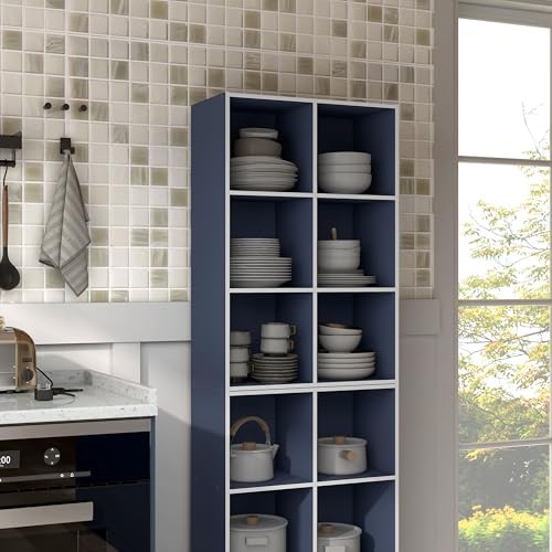 Homes: Inside + Out Apexa 6-Cube Storage Organizer Shelves, Stackable Wood Bookcase Fits Cubby Bins for Organization, Dorm Teen Room Decor & Home Office, Steel Blue - Image 6