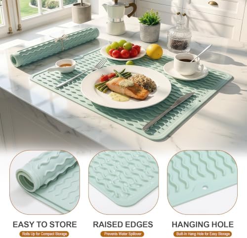 2 Pack Silicone Dish Drying Mat for Kitchen Counter Baking Cooking Grilling Tools Coffee Must Haves Household Dining Finds Dryer Work Place Covers Rubber Rug Large 18"x16" Green - Image 2