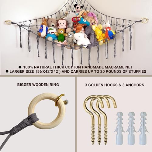 ABBY BABY Large Stuffed Animal Hammock Corner - Stuffed Animal Storage - 100% Natural Cotton Macrame Stuffed Animal Net - Stuff Animal Organizer - Net for Stuffed Animals Corner Large-Gray - Image 2