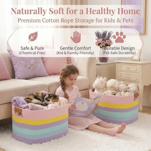 danpinera Large Laundry Basket, 108L Rectangle Woven Baskets for Storage for Living Room, Laundry, Nursery, Pillows, Baby Toy chest, Blanket Storage with Leather Handle, 25’’*16’’*16’’ Rainbow - Image 4