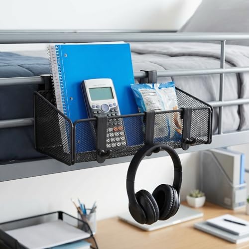 JDYOOMI Bedside Caddy Shelf Hanging Storage Basket for Bunk Bed, Office Cubical Walls, Baby Rails, College Dorm Organizer - 5 Pairs Sized Hooks for Phone, Glass, Magazine, Decor (Black) - Image 5