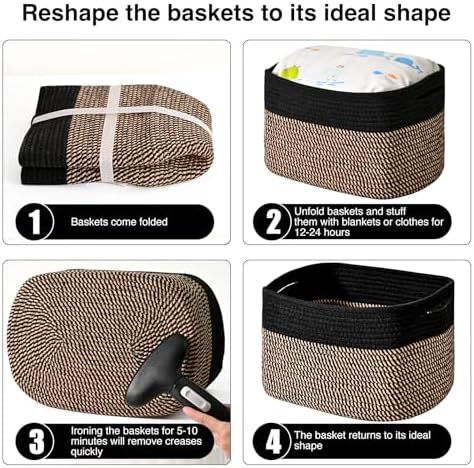 ICERZCZ Storage Baskets for Organizing Shelves, Toy Basket for Kid's Room, Woven Cotton Rope Basket for Decor, Organizing Baskets for Bedroom Living Room, 15"x11"x9.5", 3 Packs, Black & Jute - Image 7