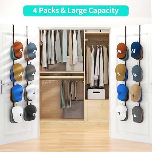 HapiRm Over Door Hat Rack - 4 Packs Metal Hanging Hat Organizer with 16 Hooks Design, Baseball Cap Hanger Organizer Storage Holds up to 80 Caps for Door, Bedroom, Closet（Brown） - Image 4