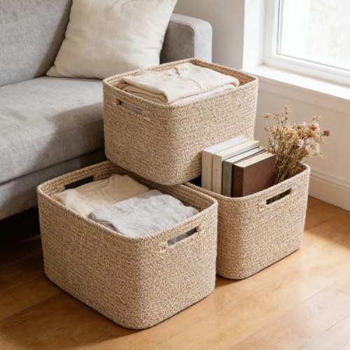 3 Pack Woven Baskets,Storage Baskets for Shelves with Handles - Image 6