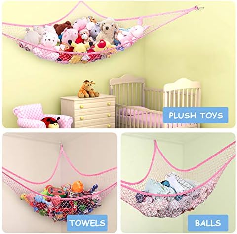 Stuffed Animal Hammock, Toy Hammock Net, LXUNYI Wall Corner Mesh Toy Net Giant Baby Kids Children Stuff animals Hammocks Storage Hanging Net Organizer (Rose, 84 inch) - Image 3