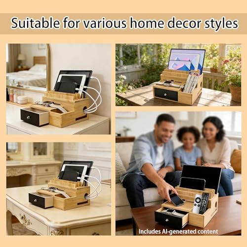 Bamboo Charging Station Organizer with Drawer and Pen Holder - Image 5