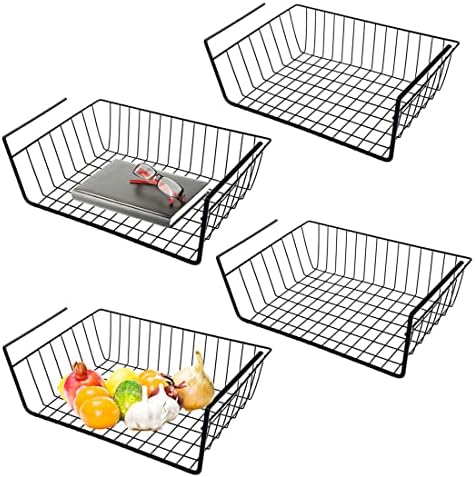 Under Shelf Storage Basket, Hanging Shelf Basket Slides Under Shelves for Storage Metal Under Cabinet Shelf Basket Organizer for Kitchen Pantry Desk Bookshelf (Black Pack of 4) by Vilive