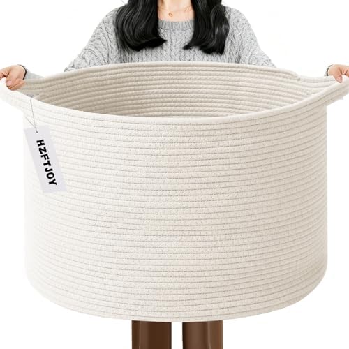 65L Large Blanket Basket,Woven Rope Laundry Basket-White by HZFTJOY