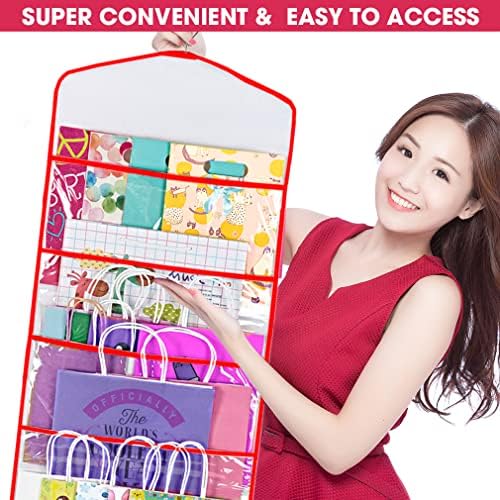 Gift Bag and Tissue Paper Storage, Hanging Organizer with Multiple Front and Back Pockets Double Sided, Organize Gift Wrap and Paper Bags 38 x 16 Inch (Red) - Image 5