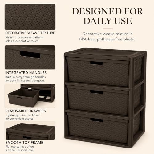 Wide 3-Drawer Plastic Storage Tower, Decorative Organizer Chest, Brown - Image 6
