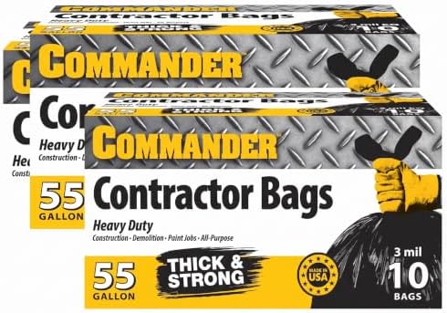 Commander 55 Gallon 3 MIL (eq) Heavy Duty Contractor Bags with Flap Ties - 36" x 56" with flaps - For Contractor,Industrial,& Outdoor,(Pack of 20) by Commander