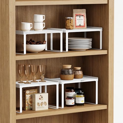 Goozii Counter Shelf Organizer Set of 4, Pantry Shelf Risers for Plates Dishes Cups Mugs Spices, Pantry Cupboard Cabinet Organizers and Storage Shelves Rack Insert for Countertop (White) - Image 4