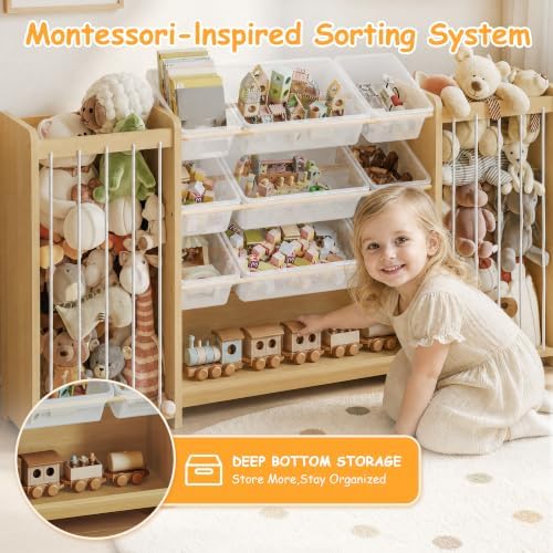 Anmon 3-in-1 Montessori Toy Organizer with Bookshelf, 9 Clear Bin & Plush Storage (64.2" W) - Image 6