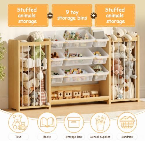 Anmon 3-in-1 Montessori Toy Organizer with Bookshelf, 9 Clear Bin & Plush Storage (64.2" W) - Image 4