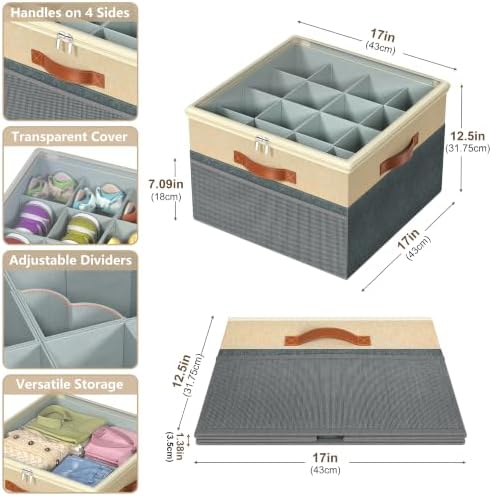 Shoe Organizer for Closet, 2 Pack Foldable Shoe Storage Organizer Box Bin with Adjustable Dividers and Clear Cover, Fits up to 16-32 Pairs（Grey&Beige） - Image 3