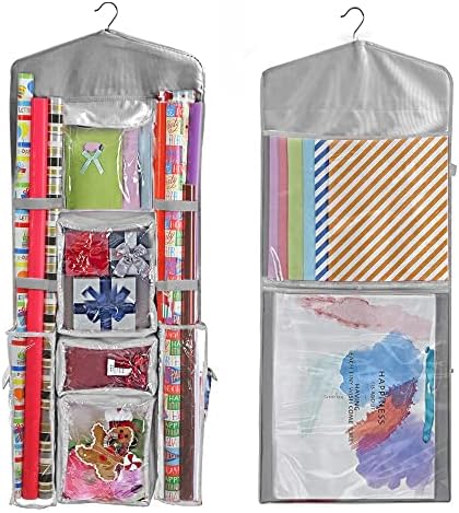 Wrapping Paper Storage Hanging Over the Door Wrapping Paper Organizer Store Gift Wrap Gift Bags Ribbon Bows and Accessories 40”x17” Fits Long 40 Inch Rolls Double Sided Clear PVC Bag (Gray) by Primode