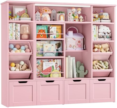 FINETONES Toy Storage with Sliding Bookshelf, Toy Organizer with 4 Bins by finetones