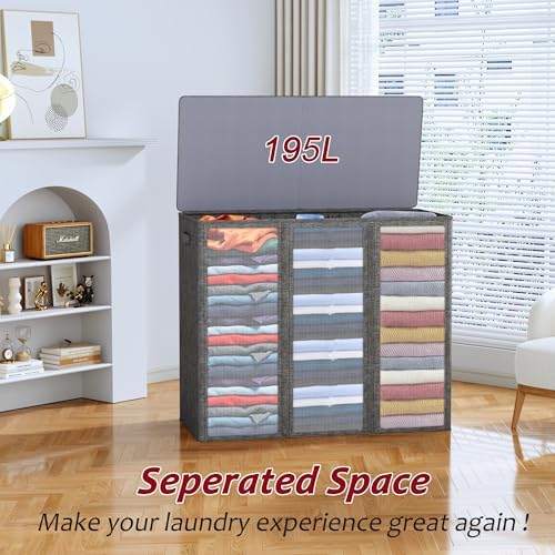 195L Laundry Hamper 3 Section,Large Laundry Hamper with Lid,Dirty Clothes Hamper with 3 Inner Bags,Collapsible Laundry Basket Organizer for Laundry Room,Bedroom,Laundry Sorter Hamper 3 Compartment - Image 4